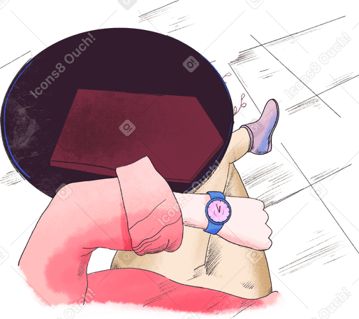 woman with a watch in her hands is sitting at a round table PNG, SVG