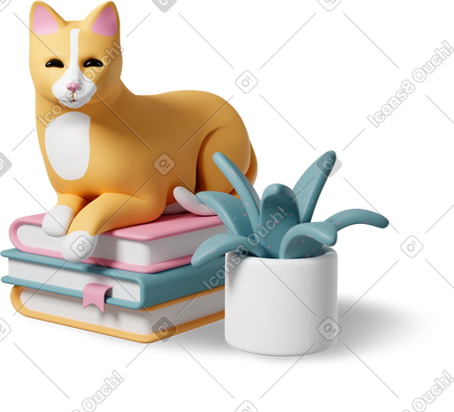 3D cat on books plant PNG, SVG