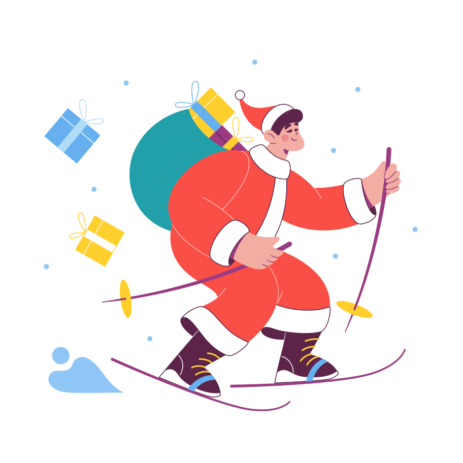 Christmas man delivers gifts on skis Illustration in PNG, SVG