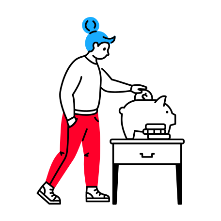 Woman puts the coins in the piggy bank Illustration in PNG, SVG