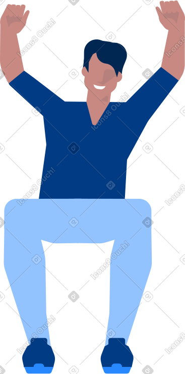 Smiling man is sitting with his hands raised up PNG, SVG