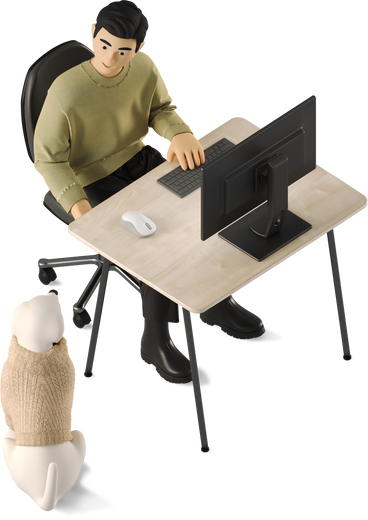 young man at work desk and dog в PNG, SVG