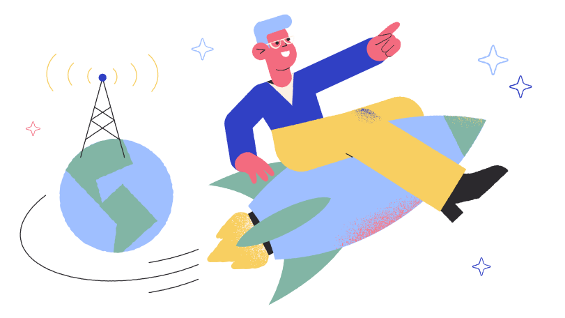 Man is sitting on a flying rocket  Illustration in PNG, SVG