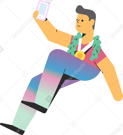 man with a medal holding a phone PNG, SVG