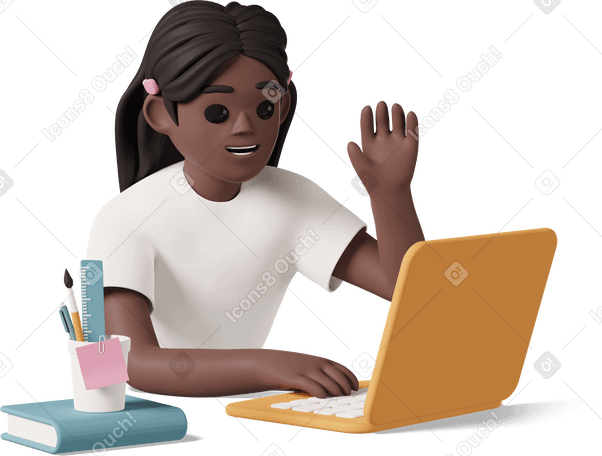 3D black girl sitting in front of laptop and waving Illustration in PNG, SVG