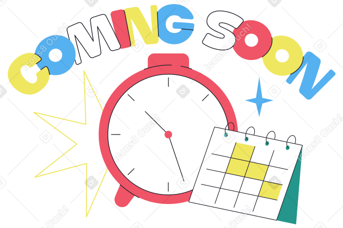 Coming Soon text with a clock and calendar lettering PNG, SVG