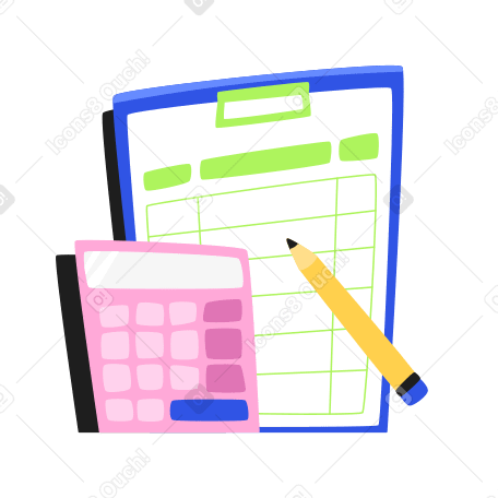 Clipboard with table, a calculator and a pencil Illustration in PNG, SVG