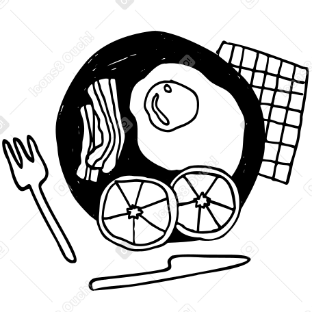 Plato de desayuno con huevo frito, tocino y rodajas de verduras. PNG, SVG
