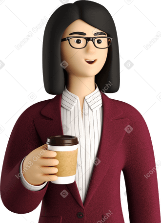 3D businesswoman in red suit with paper coffee cup Illustration in PNG, SVG