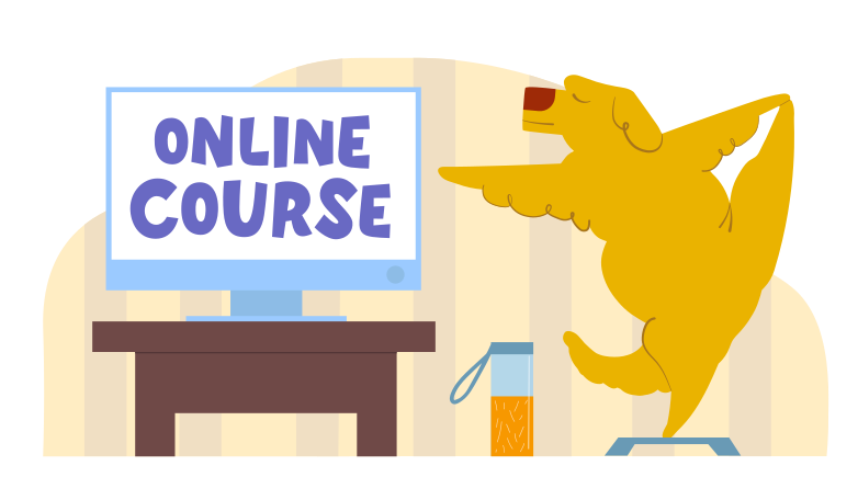 Online course text on the computer and the dog is doing an exercise Illustration in PNG, SVG