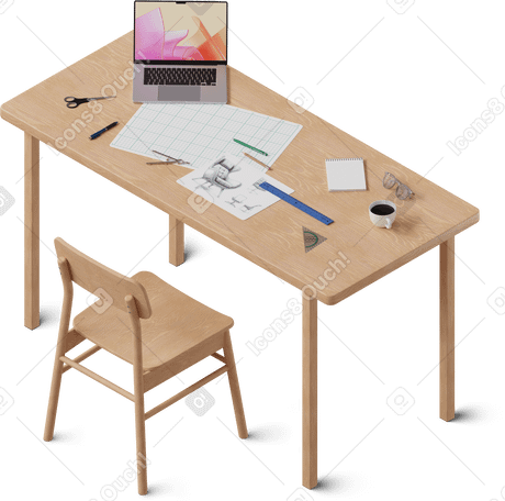 3D Vista isométrica del escritorio con computadora portátil y boceto PNG, SVG