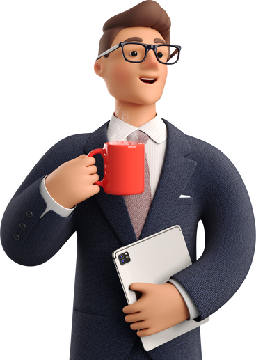 businessman in dark blue suit with coffee mug holding tablet PNG、SVG