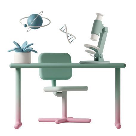3D science lab featuring chair and desk with microscope and pot plant PNG, SVG