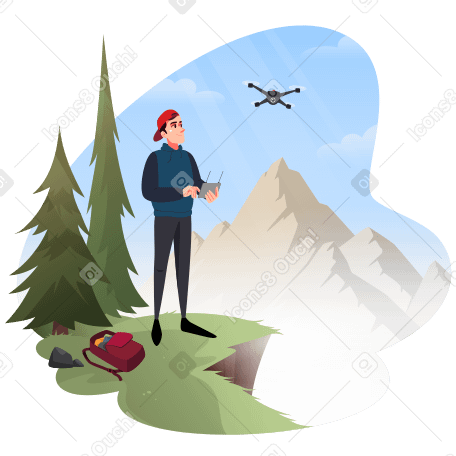 Illustration animée Guy lance un hélicoptère dans les montagnes aux formats GIF, Lottie (JSON) et AE
