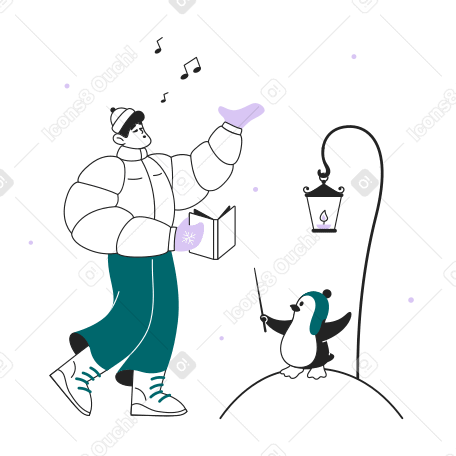 Guy and a penguin singing Christmas carols Illustration in PNG, SVG