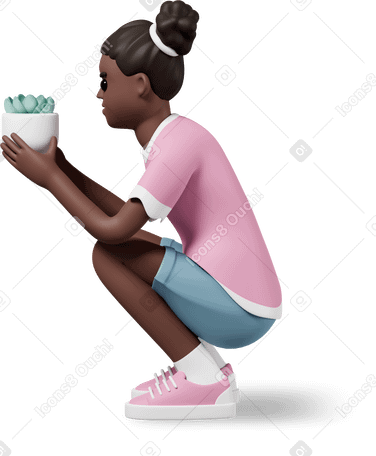 3D girl sitting with plant in hands PNG, SVG