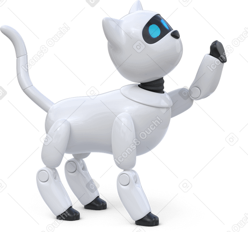 3D side view of robot cat looking up and pulls paw Illustration in PNG, SVG