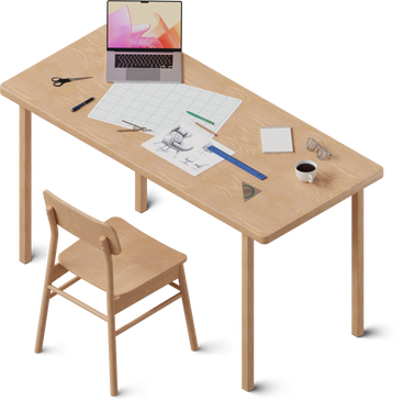 Vista isométrica del escritorio con computadora portátil y boceto PNG, SVG