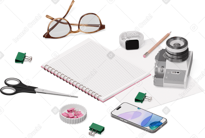 3D isometric view of notebook, smartphone, glasses, smartwatch, scissors PNG, SVG