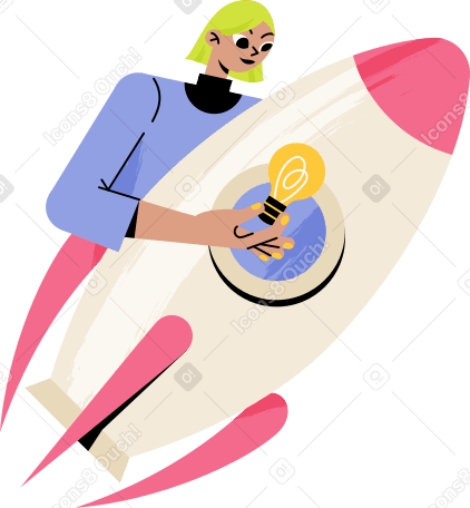 girl preparing startup rocket to launch with ideas Illustration in PNG, SVG