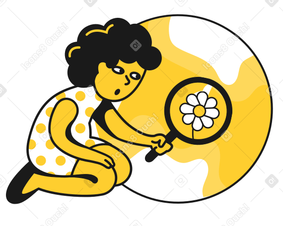Девушка смотрит на маргаритку через увеличительное стекло в PNG, SVG