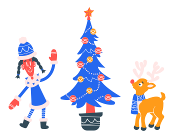 Chica saludando con ciervos cerca del árbol de navidad PNG, SVG
