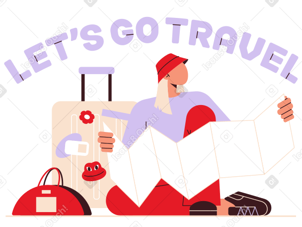Schriftzug „lass uns reisen“ mit dem text einer reisendenfrau PNG, SVG