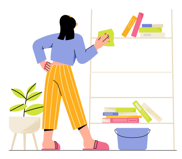 Woman cleaning a bookshelf with cloth PNG, SVG