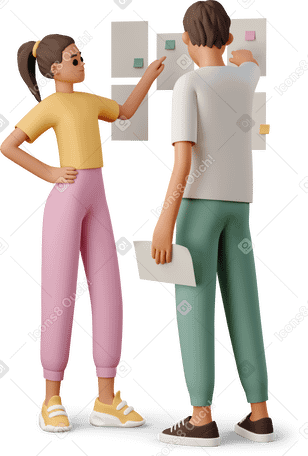 3D boy and girl sticking notes on wall Illustration in PNG, SVG