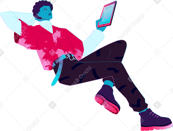 young man lies and holds a tablet in his hands PNG, SVG