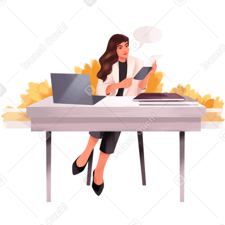 Girl on the loggia working at her desk Illustration in PNG, SVG