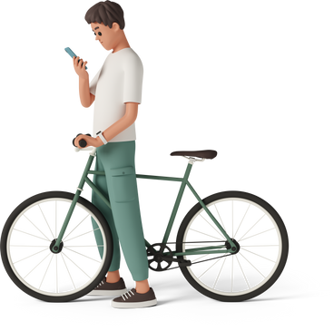 Вид сбоку человека, стоящего с велосипедом и смотрящего в свой телефон в PNG, SVG