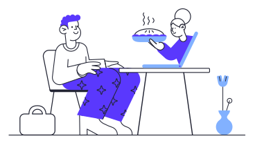 Frau reicht einem sitzenden mann einen heißen kuchen durch einen laptop PNG, SVG