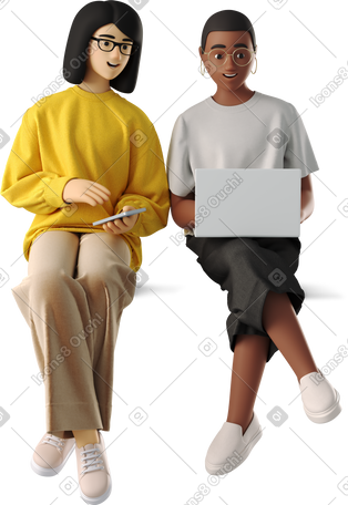 3D young women sitting with laptop PNG, SVG