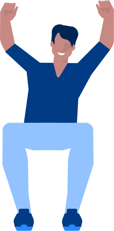Smiling man is sitting with his hands raised up PNG, SVG