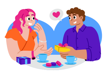 Young man and woman giving each other gifts on a date PNG, SVG