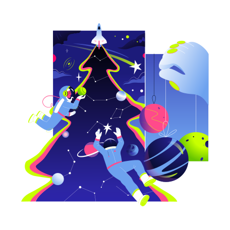 Astronauts decorate the Christmas tree and celebrate Christmas Illustration in PNG, SVG