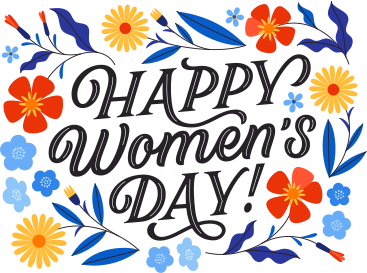 lettering happy women's day with bright flowers text PNG, SVG
