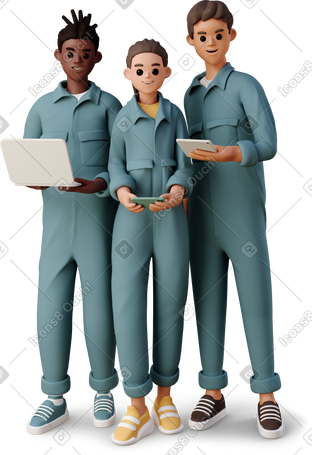 3D young people in the worker jumpsuits with gadgets PNG, SVG