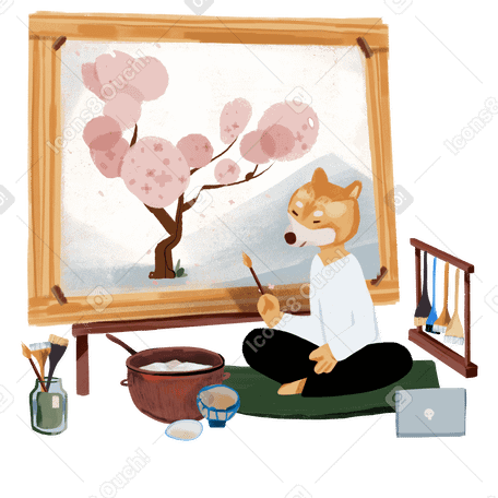 Artist in lotus position working in his workshop Illustration in PNG, SVG