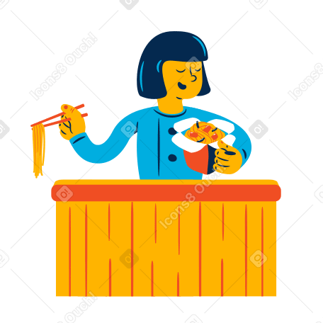 Woman eats noodles PNG, SVG