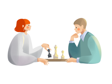Young red hair woman and young man playing chess PNG, SVG