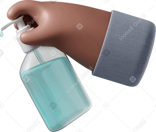 3D Рука с коричневой кожей держит дезинфицирующее средство в PNG, SVG