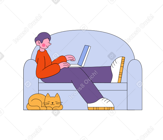 Мужчина сидит на диване с ноутбуком в PNG, SVG