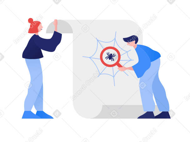 Illustration Femme tenant un parchemin et homme trouvant une araignée aux formats PNG, SVG