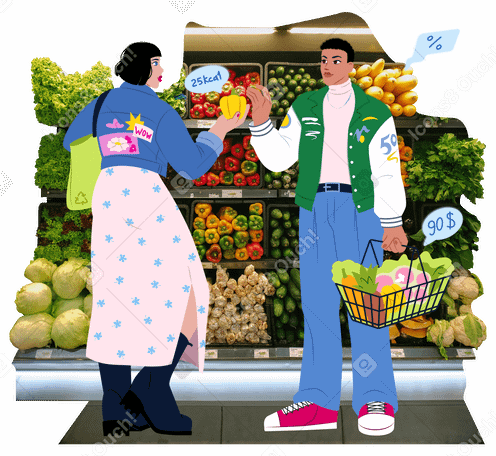 Jóvenes comprando productos saludables en el supermercado. PNG, SVG