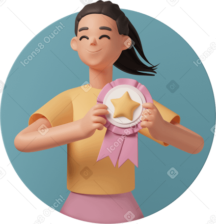 3D Девушка-победительница держит в руках медаль в PNG, SVG