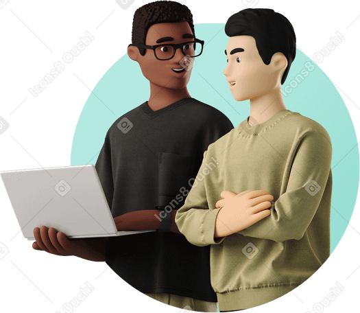 3D two young men talking about work PNG, SVG