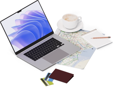 Vista isométrica del mapa, computadora portátil, cuaderno, tarjetas de crédito PNG, SVG