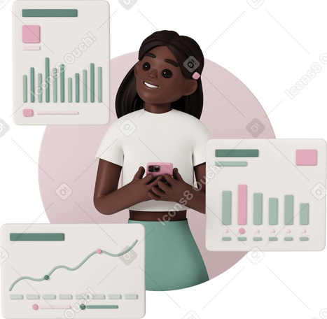 3D young girl analyzes graphs on her mobile PNG, SVG